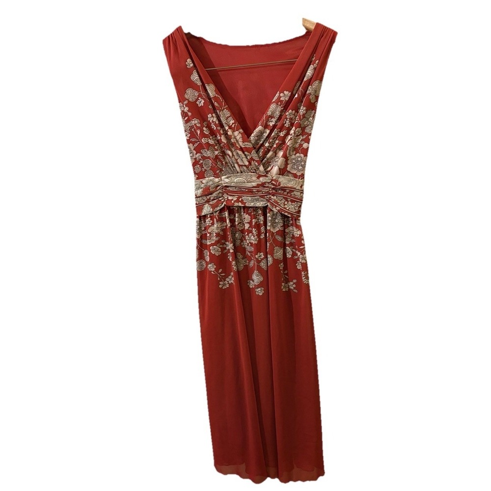 Y2K Mesh Red Floral Dress Sleeveless Wrap V Neck Empire Waist Tie Back 00 Boho *